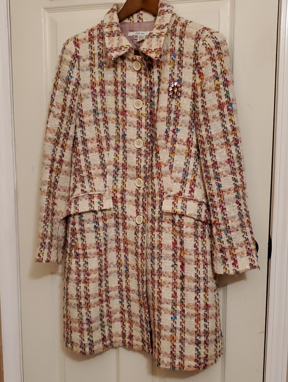 Zara Cream Multi Tweed Button-Front Pea Coat